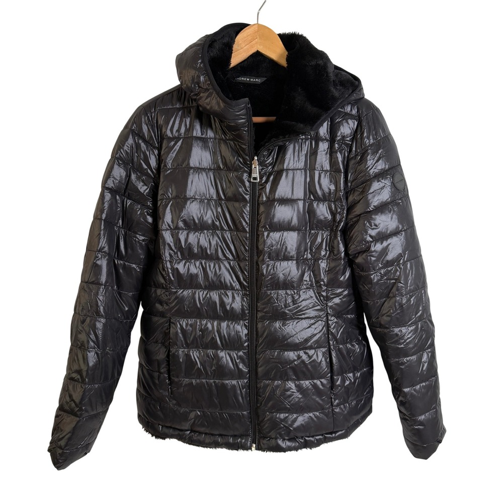 Andrew Marc Puffer Jacket Womens M Black Like New Faux Fur Lined Hooded Quilted